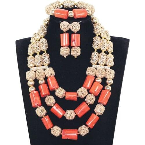 High Quality Original Big Coral Beads African Jewelry Set Dubai Gold Bold Statement Jewelry Set for Women Free Shipping CNR173