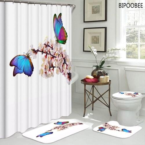 Plum Blossom Print Shower Curtains Color Butterfly Bathroom Curtain Bath Mats Rugs Toilet Lid Cover Pedestal Anti-slip Carpet