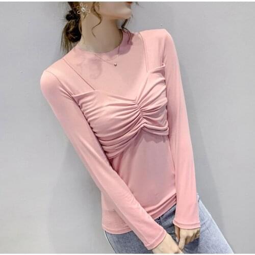 Women T-shirt Long-Sleeve 2021 New Arrival Spring And Autumn Slim Female Fake Two T-shirt Korean Style White Black Pink c80