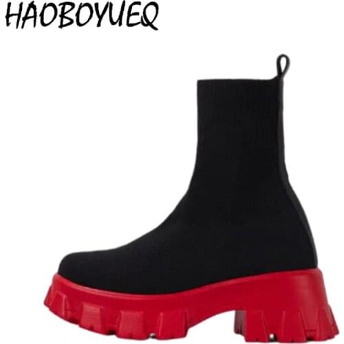 Women Plus Size Booties Knitted Platform Mid-Calf CoupleStretch Fabric Couple Socks Shoes botas de mujer