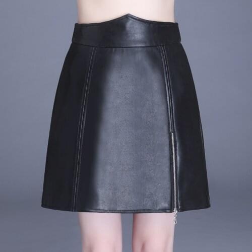 Women Black Faux Sheepskin Mini Skirt Plus Size Ladies New Style Slim PU leather Zipper Short Skirt S-4XL Female Party Skirts