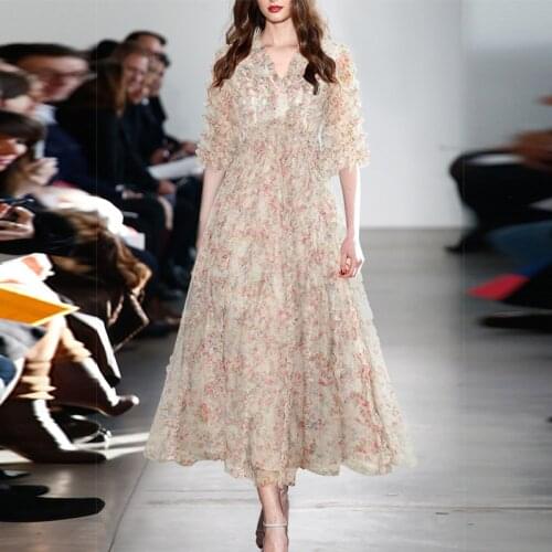 2021 Summer Designer Fashion V-Neck Flowers Printed Dress Women Mesh Edible Tree Fungus Patchwork Elegant Ladies Long Dresses