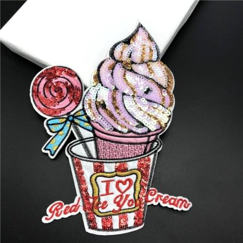 1Pcs Ice Cream Sequin 3D Sticker Iron Patches For Clothing Embroidery Sequin Applique Garment Kids Women DIY Clothes Badge