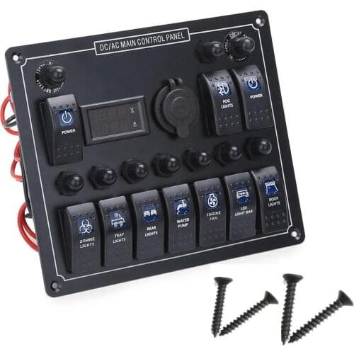 10 Gangs Car Boat Marine Rocker Switch Panel circuit breaker protectorWATERPROOF Switch Current Voltmeter12V-24V for CAMPER RV