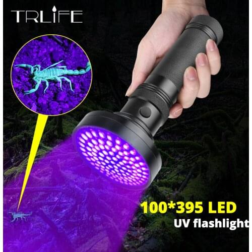 100W UV Flashlight 100 LEDs 395 nm UV LED Torch Back Detector Light for Dog Cat Urine, Pet Stains, Bed Bugs, Scorpions 6 x AA