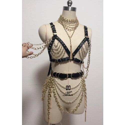 2021 New Design Gold Chains Costume Women Nightclub Singer Outfit Handmade Evening Party Dance Wear