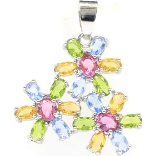49x15mm Deluxe Multi Color Created Aquamarine Tourmaline Citrine Green Amethyst CZ For Ladies Daily Wear Silver Pendant