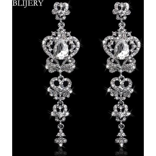 BLIJERY Luxurious Crystal Chandelier Bridal Earrings Silver Color Long Earrings for Women Wedding Jewelry Femme Pendiente