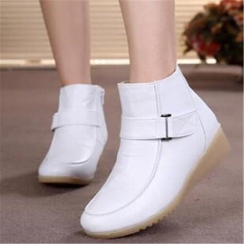 Winter Women Genuine Leather Ankle Boots Fashion Round Toe Side Ziper Ankle Strap Warm Boots For Women Nurse Work White Shoes 41