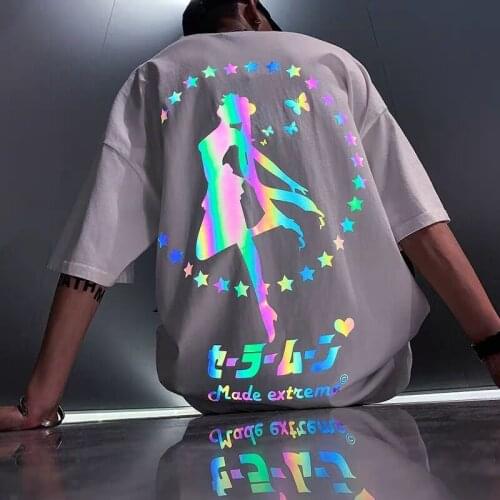 Reflective Cartoon Sailor Moon T Shirt Streetwear Loose Fashion Tee T-Shirt Harajuku Korean Women White Couple T Shirts Female