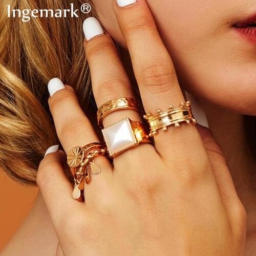 Ingemark Fashion Simple Flower Rings Women White Gold Color Summer Beach Boho Geometric Female Ring Engagement Jewelry 5Pcs/Set