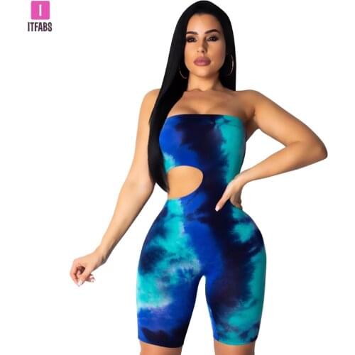 Bodycon Jumpsuit Women Sexy Yoga Gym Clothes Tie Dyeing Printed Strapless Casual Club Party Romper Overalls Tracksuit