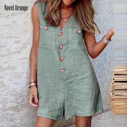 New Summer Women Casual V-Neck Cargo Pants Jumpsuits Solid Sleeveless High Waist Playsuits Sweet Pocket Button Streetwear Romper