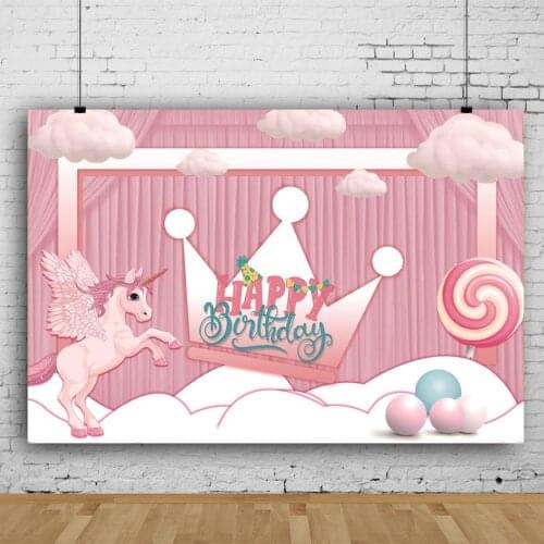 Crown Candy Unicorn Princess Pink Party Backdrop Photography Photo Girl Birthday Room Table Decorative Custom Vinyl Background