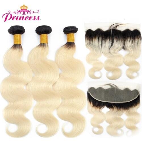 Beautiful Princess Hair 1b/613 Bundles With Frontal Brazilian Body Wave Ombre Blonde Frontal Closure with Bundles Remy Hair