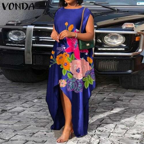 Summer Sexy Sleeveless Irregular Hem Maxi Dress VONDA 2021 Women Vintage Floral Print Holiday Party Dresses Bohemian Vestidos