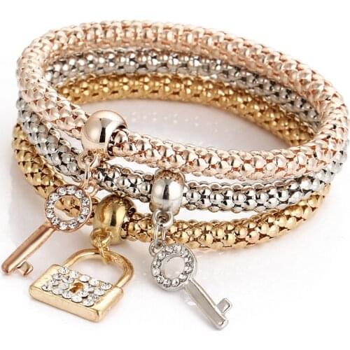 Hot 3Pcs Elephant Bracelet Gold Crystal Anchor Bracelet Steel Bracelet Womens Jewelry Lock Pendant Wedding Bracelet