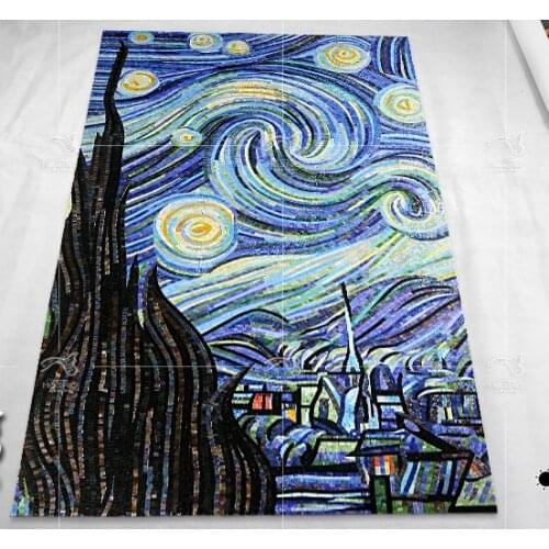 Van Gogh starry sky oil patterns use ice jade glass mosaic tiles to be cut art murals living room wall decoration