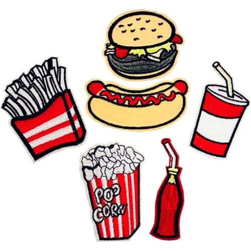 French Fries Burger Popcorn Iron on Patch Sewing Embroidered Applique for Jacket Clothes Stickers Badge DIY Apparel Accessories