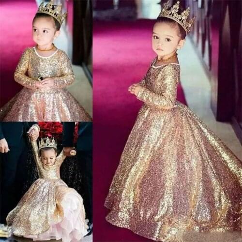 Gold Sequined Flower Girl Dresses 2019 O Neck Long Sleeves Custom Made Girls Pageant Gowns Communion Dress