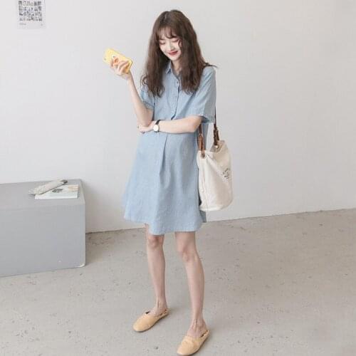 Maternity Turn-Down Collar Dresses Expectant Mother Blue Dress Pregnant Women Short Sleeve Loose Fashion Dress Pregnancy Clothes