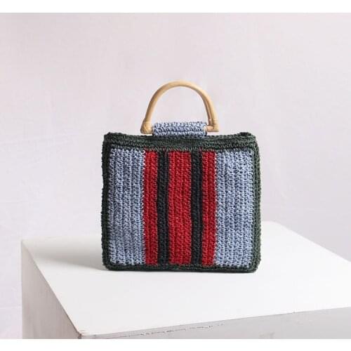 Summer Straw Beach Bag Striped Hand Woven Wooden Handle Womens Handbag Bohemian Luxury Brand Female Bags Designer Shopper Purse