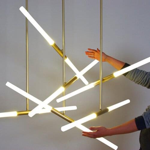 Modern Linear Branch Pendant Light 360 Degrees Rotatable Golden Round Acrylic Hanging Light For Dinning Living room