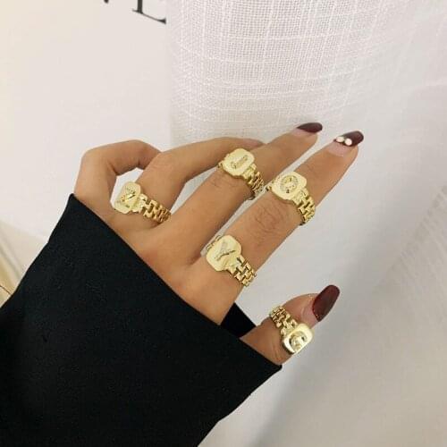 SRCOI New Trendy Glossy A-Z Initial Letter Rhinestones Square Ring Vintage Chunky Watchband Link Chain Ring Women Jewelry