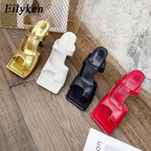 Eilyken Golden white Design Women Slipper Elegant Square Toe High Heels Sandal Shoes High Quality Outdoor Slip On Dress Shoes