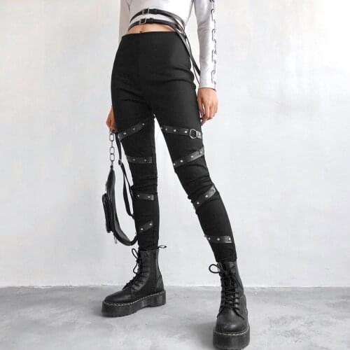 Harajuku Hip-hop All-match Unisex Streetwear Women Solid Gothic Punkt Casual Loose Elastic Trousers Pockets Rivet Full Pants