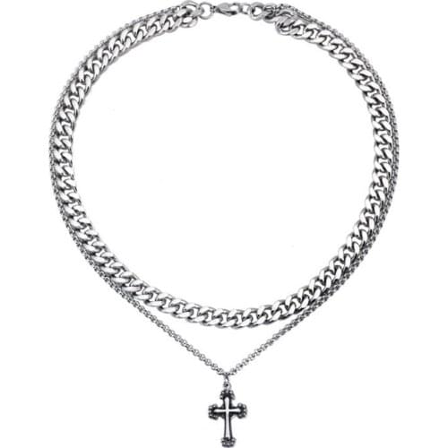 Stainless Steel Hip Hop Vintage Christ Cross Cuban Chain Link Pendant Necklace Fashion Jewelry Gift For Him