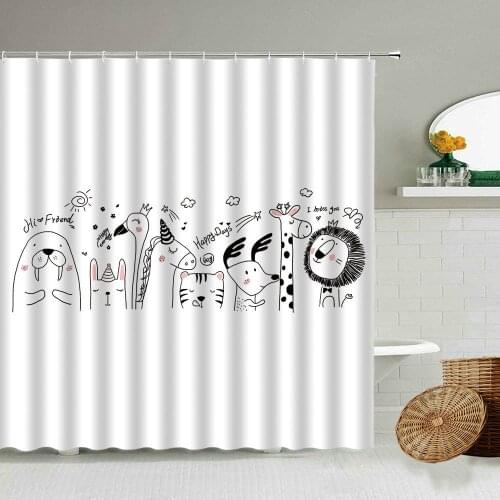 Cartoon Hand Painted Fun Animal Waterproof Shower Curtain Modern Nordic White Cute Girl Child Bathroom With Hook Screen Washable