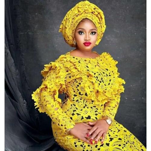 Yellow African Guipure Lace Fabric 2021 High Quality Lace Nigerian Water Soluble Cord Lace Fabrics For Wedding Party Sewing