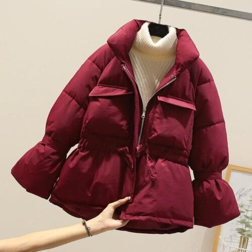 Women Cotton Jacket Coat with Belt Design Casaco Feminino Women Winter Coat Puffl Sleeve Stand Collar Warm Thick Coat