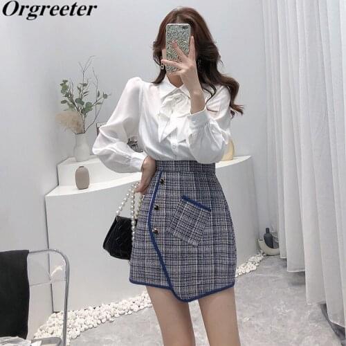 Korean Fashion OL Tweed Skirts Blouse Ensemble Femme Bow Puff Sleeve Chiffon Shirt + Plaid Woolen Irregular Mini Skirt Suits