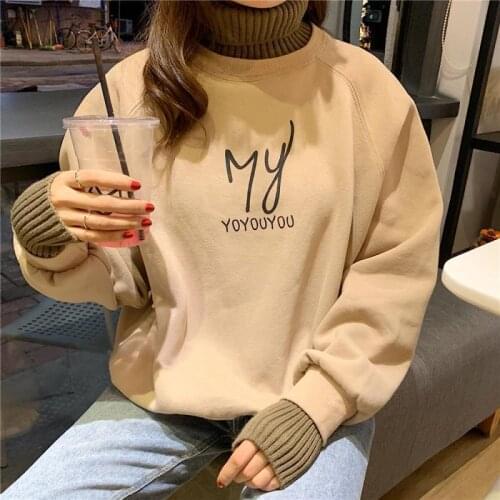 Female Female Casual Sweatshirts Winter Knitted Pullover Women Loose Large Size Turtleneck Letter Printing Plus Velvet Pullover