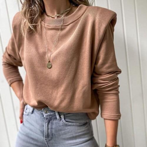 Women Autumn Winter Long Sleeve Thicken Padded Shoulder Plush Sweatshirt Pullover Hoodie Tops