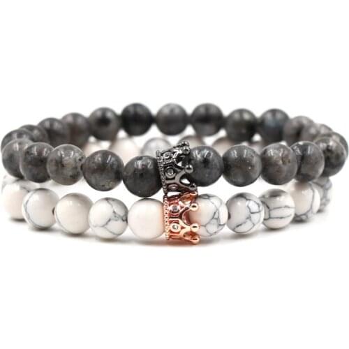 8mm 2PCS/Set gh43 elastic adjusted nature white Howlite bead micro pave cz zircon cubic zirconia Crown Bracelet