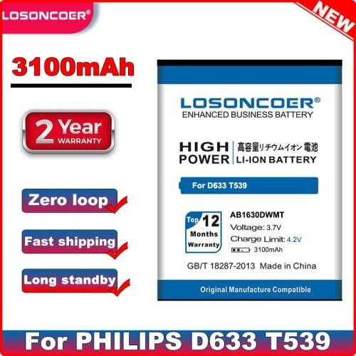 LOSONCOER 3100mAh AB1630DWMT battery For PHILIPS Xenium D633 T539 W536 W635 W6350 CTW536 E310 S307 CTS307 X2560 X2566 battery