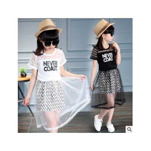 Kids girls short Sleeve suit new summer childrens cotton casual T-shirt big girl two pieces skirt girl clothes 4-13 yrs clothes