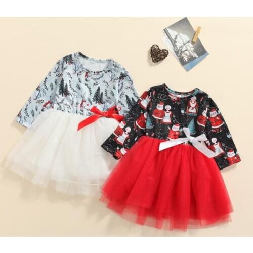 Kids Girls Christmas Tulle Dress Girls Cartoon Print Long Sleeve Round Neck Patchwork Mesh Dresses Xmas Clothes