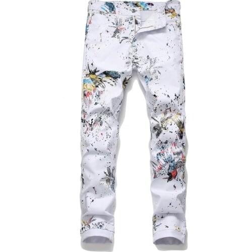 New American original trend mens male jeans stretch white printed pants spring and summer straight casual trendy trousers
