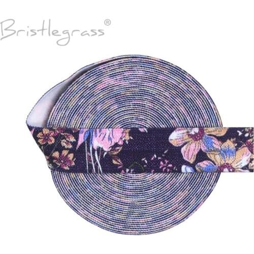 BRISTLEGRASS 2 5 10 Yard 5/8" 15mm Blue Leaf Floral Print Fold Over Elastic FOE Spandex Satin Band Hair Tie Headband Sewing Trim