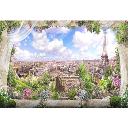 Eiffel Tower Photography Background Small Town Brick Wall With White Skill Curtain And Flowers Backdrop For Wedding Photo Props