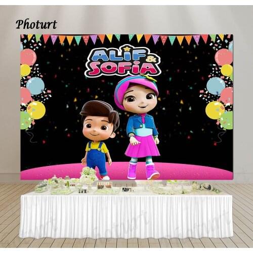 PHOTURT Alif and Sofia Backdrop Kids Birthday Photography Background Black Stage Balloon Vinyl Photo Banner Decorate Props