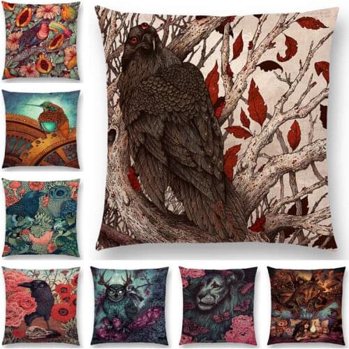 Hot Sale Dark Magic Augury Bird Flowers Three Eyes Raven Steampunk Hummingbird Night Princess Owl Lion Cushion Cover Pillow Case