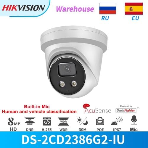 Hikvision IP Camera 8MP 4K DS-2CD2386G2-IU Original PoE Dome IR Build in Mic Human and Vehicle Classification DarkFighter IP67