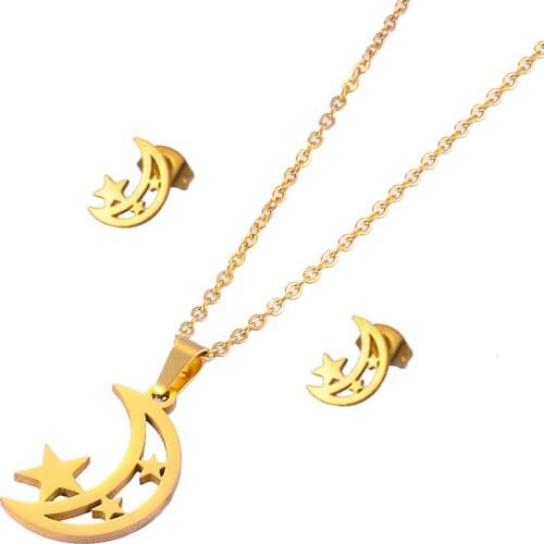 Stainless Steel Womens Earrings Necklace Set Golden Moon Pattern High Quality Jewelry