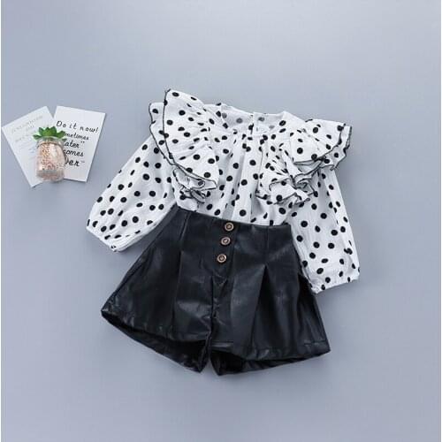 2-7 years high quality girl clothing set 2020 new autumn fashion polka dot solid shirt + leather pant kid children clothing