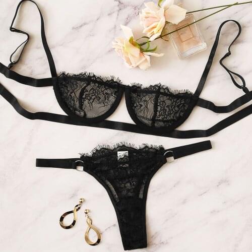 Women underwear set tight-fitting lace without steel support lace muslin underwear + panty set black classic multi-size белье 50